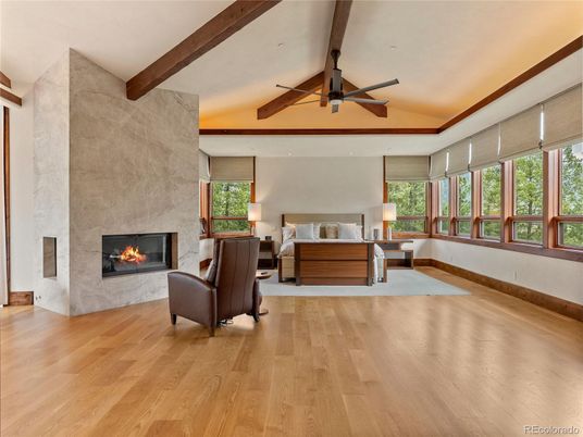 Bedroom, Fireplace, Interior, Wooden Beams, Wood Texture Flooring