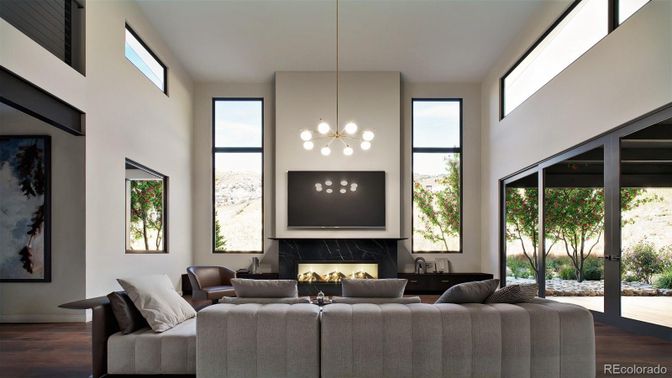 Fireplace, Interior, Living room, Pendant Lights, Wood Texture Flooring