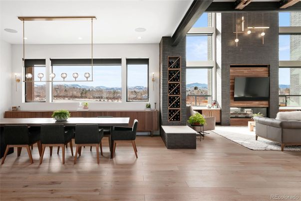 Dining room, Fireplace, Interior, Living room, Pendant Lights, Recessed Lighting, Wood Texture Flooring