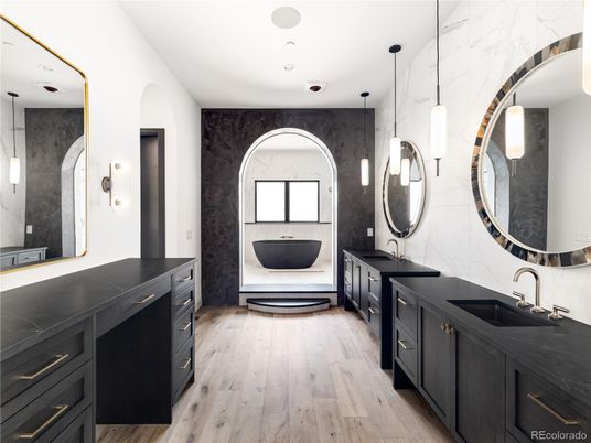Bathroom, Dual Sink Vanities, Interior, Pendant Lights, Recessed Lighting, Wood Texture Flooring