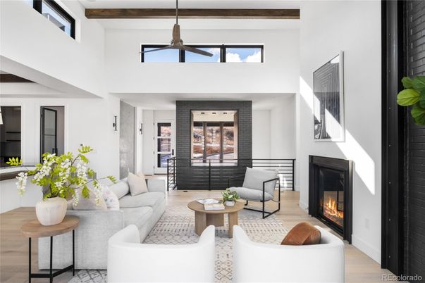 Fireplace, Interior, Living room, Pendant Lights, Wood Texture Flooring