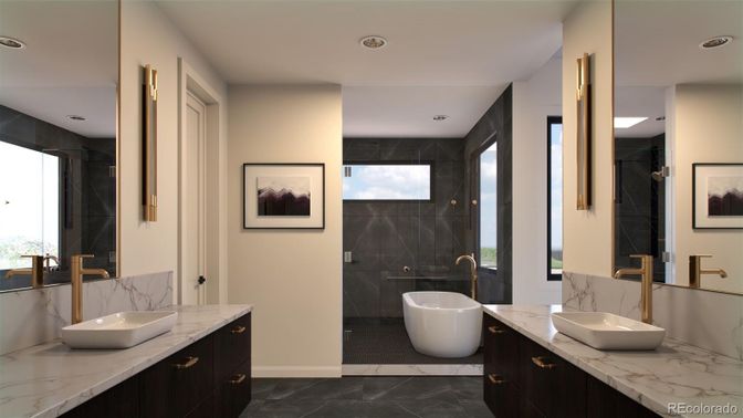 Bathroom, Dual Sink Vanities, Free Standing Baths, Glass Shower, Interior, Marble, Marble Walls, Recessed Lighting