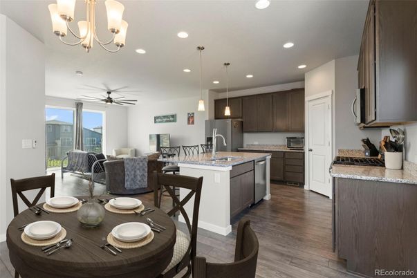 Chandelier, Dining room, Interior, Kitchen, Living room, Pendant Lights, Recessed Lighting, Wood Texture Flooring