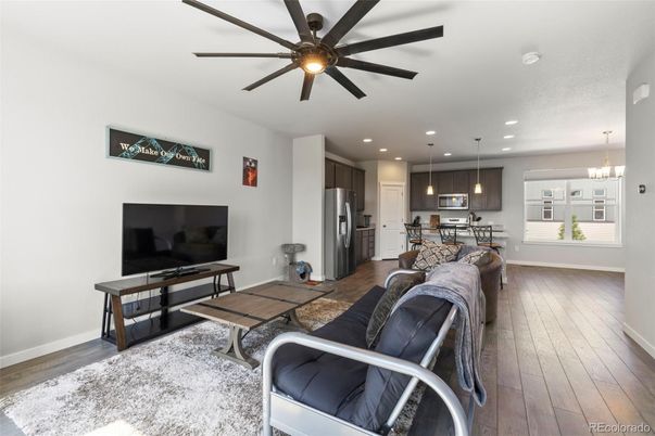 Chandelier, Interior, Kitchen, Pendant Lights, Recessed Lighting, Stainless Steel Appliances, Wood Texture Flooring