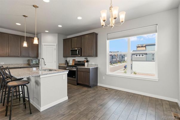Chandelier, Interior, Kitchen, Pendant Lights, Recessed Lighting, Wood Texture Flooring