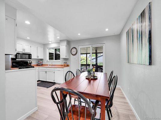 Dining room, Interior, Kitchen, Recessed Lighting, Wood Texture Flooring