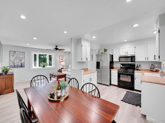 Dining room, Interior, Kitchen, Recessed Lighting, Stainless Steel Appliances, Wood Texture Flooring