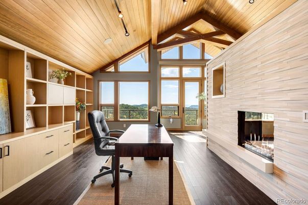 Fireplace, Home Office, Interior, Wooden Beams, Wooden Ceilings, Wood Texture Flooring, Wooden Walls