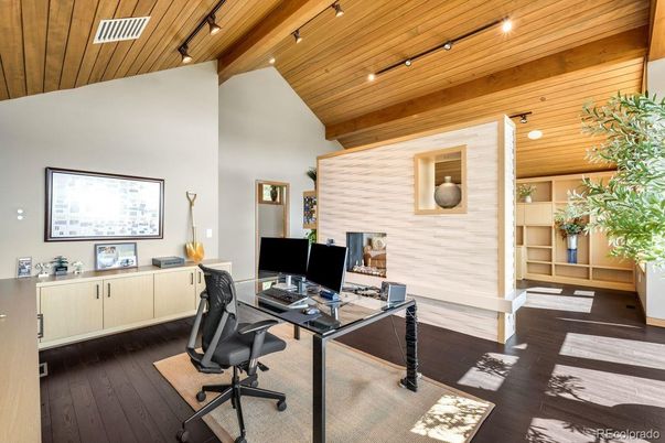 Home Office, Interior, Recessed Lighting, Wooden Beams, Wooden Ceilings, Wood Texture Flooring