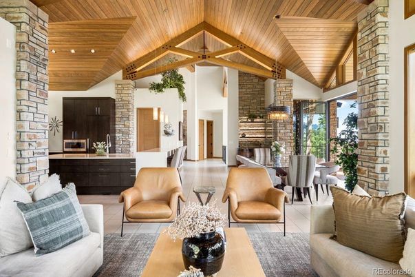 Dining room, Fireplace, Interior, Living room, Pendant Lights, Recessed Lighting, Stone Walls, Wooden Beams, Wooden Ceilings