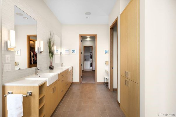 Bathroom, Dual Sink Vanities, Interior, Recessed Lighting, Wood Texture Flooring