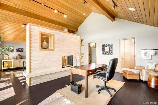 Home Office, Interior, Recessed Lighting, Wooden Beams, Wooden Ceilings, Wood Texture Flooring