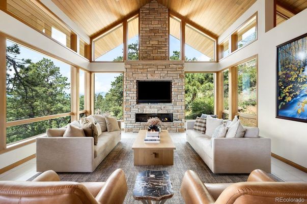 Fireplace, Interior, Living room, Stone Walls, Wooden Ceilings