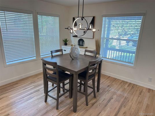 Dining room, Interior, Pendant Lights, Wood Texture Flooring
