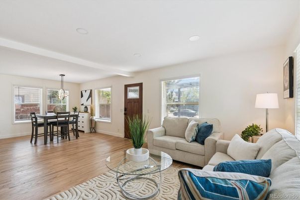 Dining room, Interior, Living room, Pendant Lights, Wood Texture Flooring