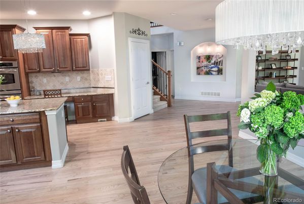 Chandelier, Dining room, Interior, Kitchen, Recessed Lighting, Wood Texture Flooring
