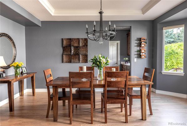 Chandelier, Dining room, Interior, Wood Texture Flooring