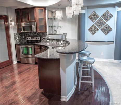 Chandelier, Interior, Kitchen, Recessed Lighting, Stainless Steel Appliances, Wood Texture Flooring