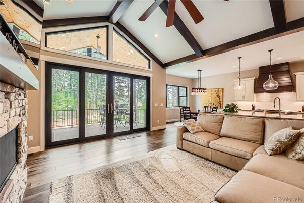 Dining room, Fireplace, Interior, Kitchen, Living room, Pendant Lights, Recessed Lighting, Wood Texture Flooring