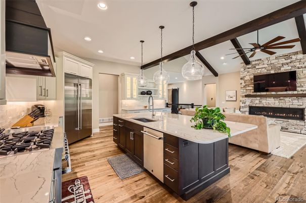 Fireplace, Interior, Kitchen, Living room, Pendant Lights, Recessed Lighting, Stainless Steel Appliances, Stone Walls, Wood Texture Flooring