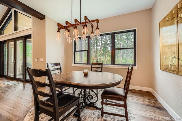 Dining room, Interior, Pendant Lights, Wood Texture Flooring