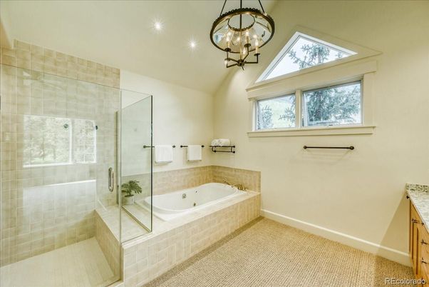 Bathroom, Chandelier, Glass Shower, Interior, Recessed Lighting