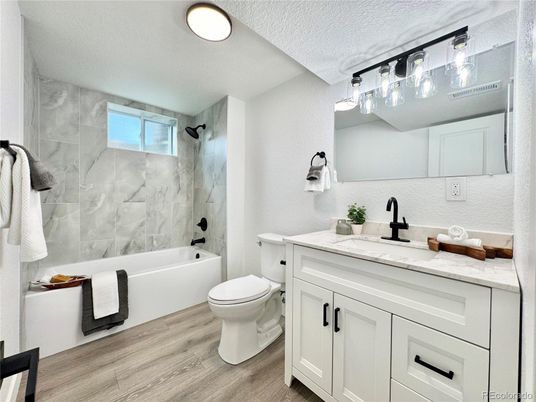 Bathroom, Interior, Marble Walls, Wood Texture Flooring