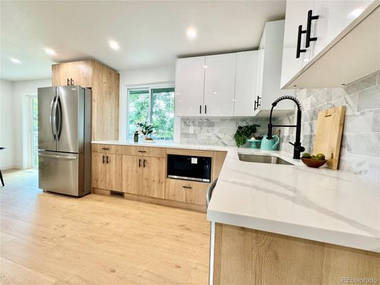Interior, Kitchen, Marble Walls, Recessed Lighting, Wood Texture Flooring