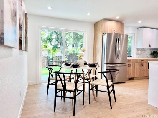Dining room, Interior, Kitchen, Recessed Lighting, Wood Texture Flooring