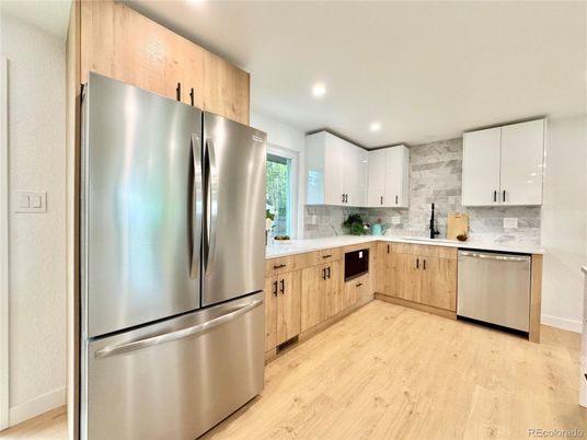 Interior, Kitchen, Recessed Lighting, Stainless Steel Appliances, Stone Walls, Wood Texture Flooring