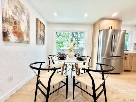Dining room, Interior, Kitchen, Recessed Lighting, Stainless Steel Appliances, Wood Texture Flooring
