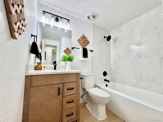 Bathroom, Interior, Marble Walls, Wood Texture Flooring