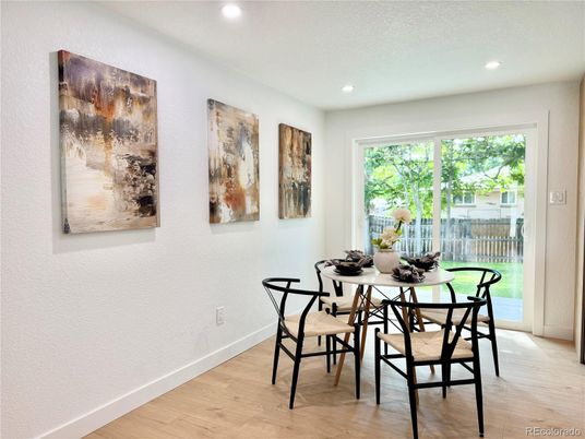 Dining room, Interior, Recessed Lighting, Wood Texture Flooring