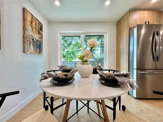 Dining room, Interior, Kitchen, Recessed Lighting, Wood Texture Flooring