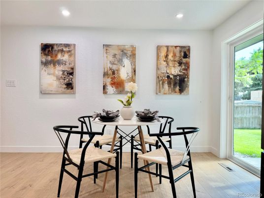 Dining room, Interior, Recessed Lighting, Wood Texture Flooring