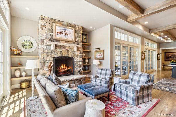 Fireplace, Interior, Living room, Recessed Lighting, Stone Walls, Wooden Beams, Wood Texture Flooring