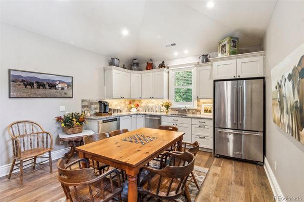 Dining room, Interior, Kitchen, Recessed Lighting, Wood Texture Flooring