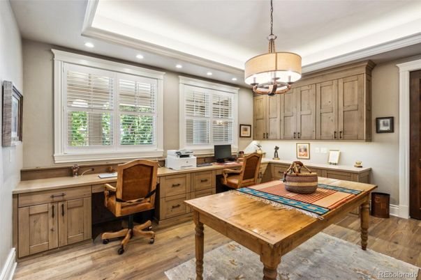 Chandelier, Home Office, Interior, Pendant Lights, Recessed Lighting, Wood Texture Flooring