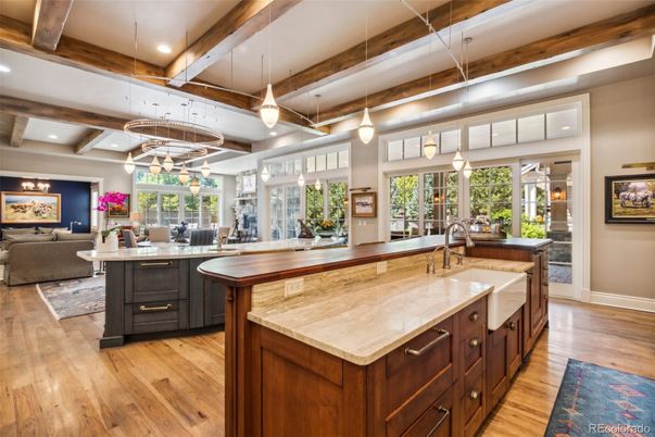 Interior, Kitchen, Living room, Pendant Lights, Recessed Lighting, Wooden Beams, Wood Texture Flooring