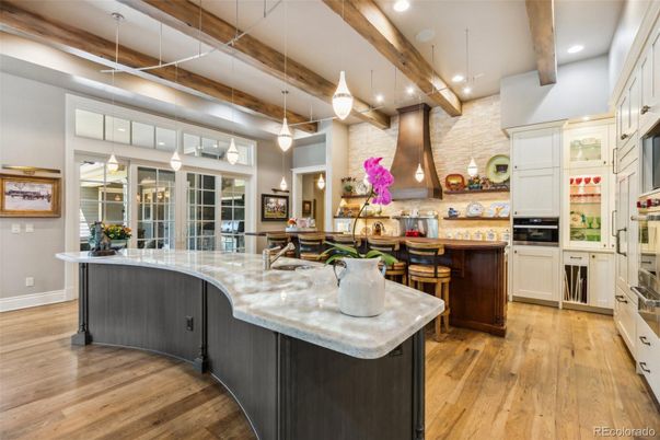 Interior, Kitchen, Pendant Lights, Recessed Lighting, Wooden Beams, Wood Texture Flooring