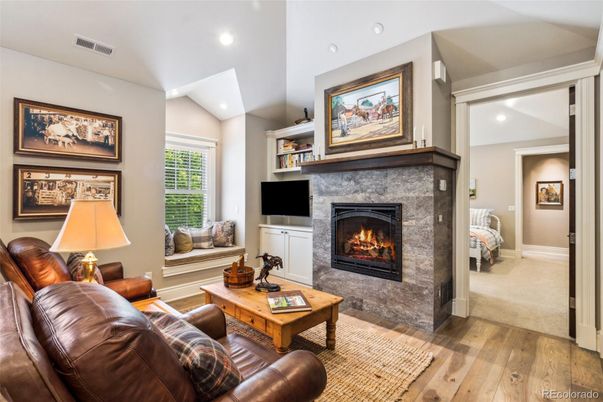 Fireplace, Interior, Living room, Recessed Lighting, Wood Texture Flooring