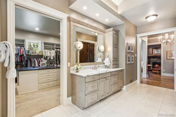Bathroom, Dual Sink Vanities, Fireplace, Interior, Recessed Lighting, Wood Texture Flooring