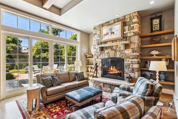 Fireplace, Interior, Living room, Recessed Lighting, Stone Walls, Wood Texture Flooring