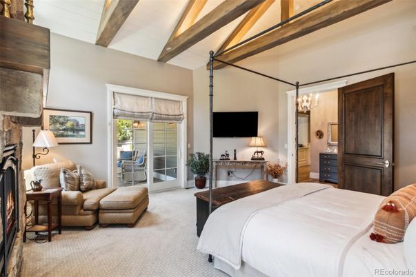 Bedroom, Chandelier, Fireplace, Interior, Wooden Beams