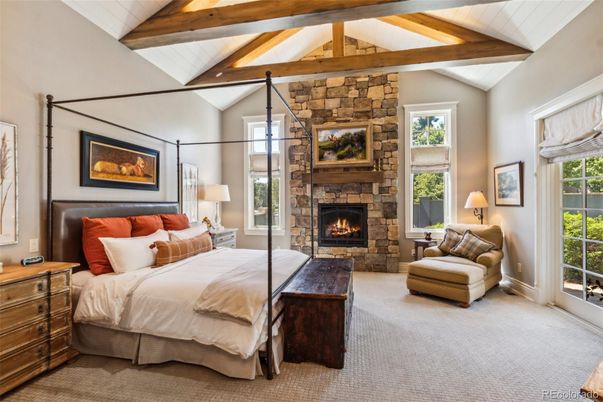 Bedroom, Fireplace, Interior, Stone Walls, Wooden Beams