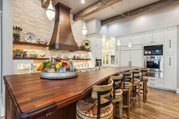Interior, Kitchen, Pendant Lights, Stainless Steel Appliances, Stone Walls, Wooden Beams, Wood Texture Flooring