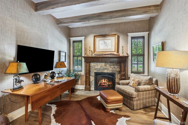 Fireplace, Home Office, Interior, Wooden Beams, Wood Texture Flooring