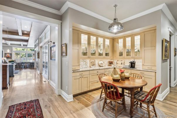 Dining room, Interior, Pendant Lights, Recessed Lighting, Wood Texture Flooring