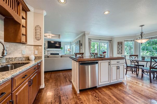 Dining room, Fireplace, Interior, Kitchen, Living room, Pendant Lights, Recessed Lighting, Wood Texture Flooring