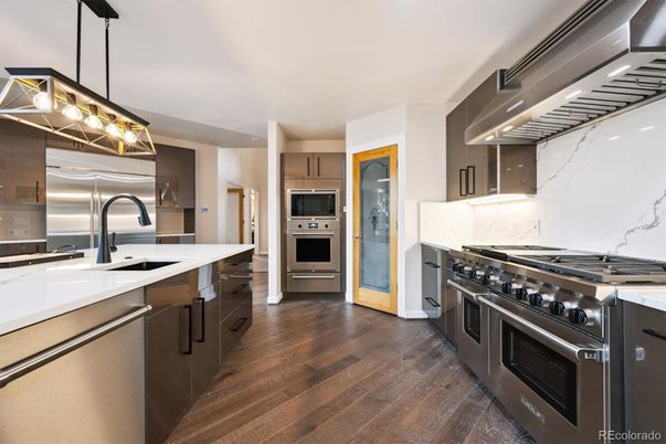 Interior, Kitchen, Pendant Lights, Stainless Steel Appliances, Wood Texture Flooring